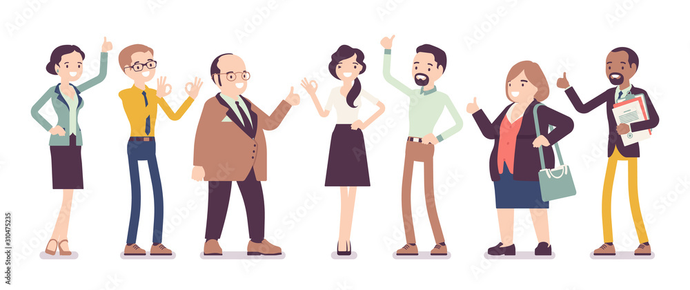 Recommendation and approval by different business workers. Group of diverse people showing agreement, feeling, having a positive opinion, recommend best choice. Vector flat style cartoon illustration