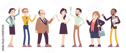 Recommendation and approval by different business workers. Group of diverse people showing agreement, feeling, having a positive opinion, recommend best choice. Vector flat style cartoon illustration
