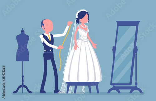 Wedding dress fitting, alterations with a tailor. Happy bride selecting a white dream gown at mirror, male seamstress pinning session for taking measurements. Vector illustration, faceless characters