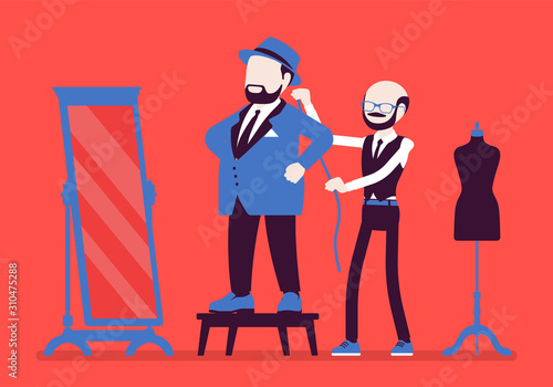 Business male suit fitting with tailor. Adult round body type man selecting a formal jacket at mirror, male seamstress pinning session for taking measurements. Vector illustration, faceless characters