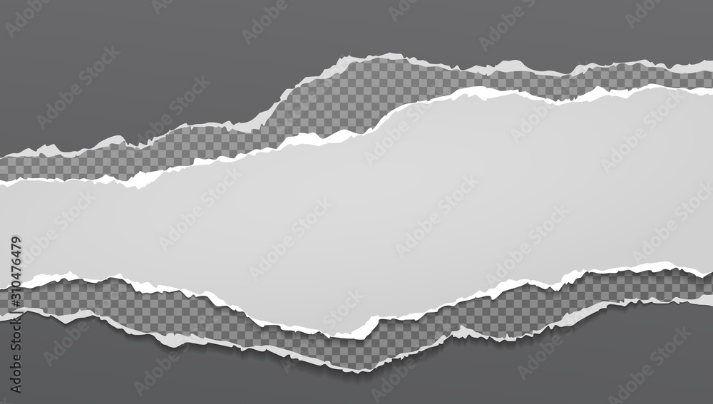 Pieces of torn horizontal white and squared grey paper with soft shadow are on black background for text. Vector illustration Pieces of torn horizontal white and squared grey paper with soft shadow are on black background for text. Vector illustration
