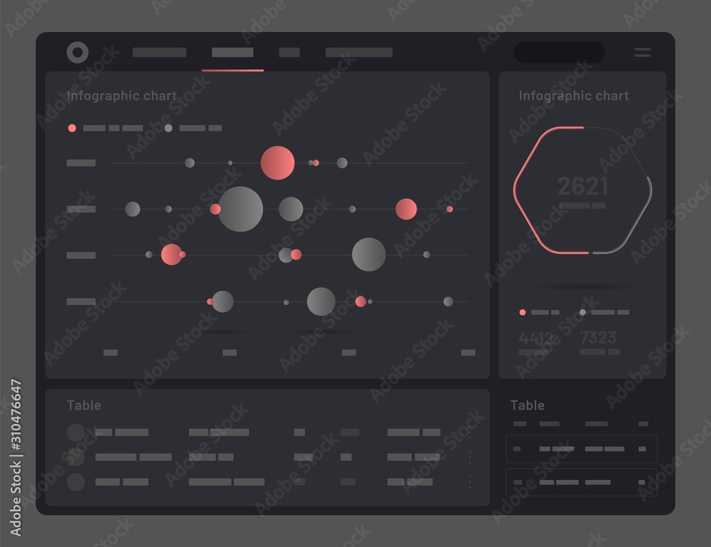 Web app Dashboard UI and UX Kit. Elements of infographics on a black background. Use in presentation templates, mobile app and corporate report.