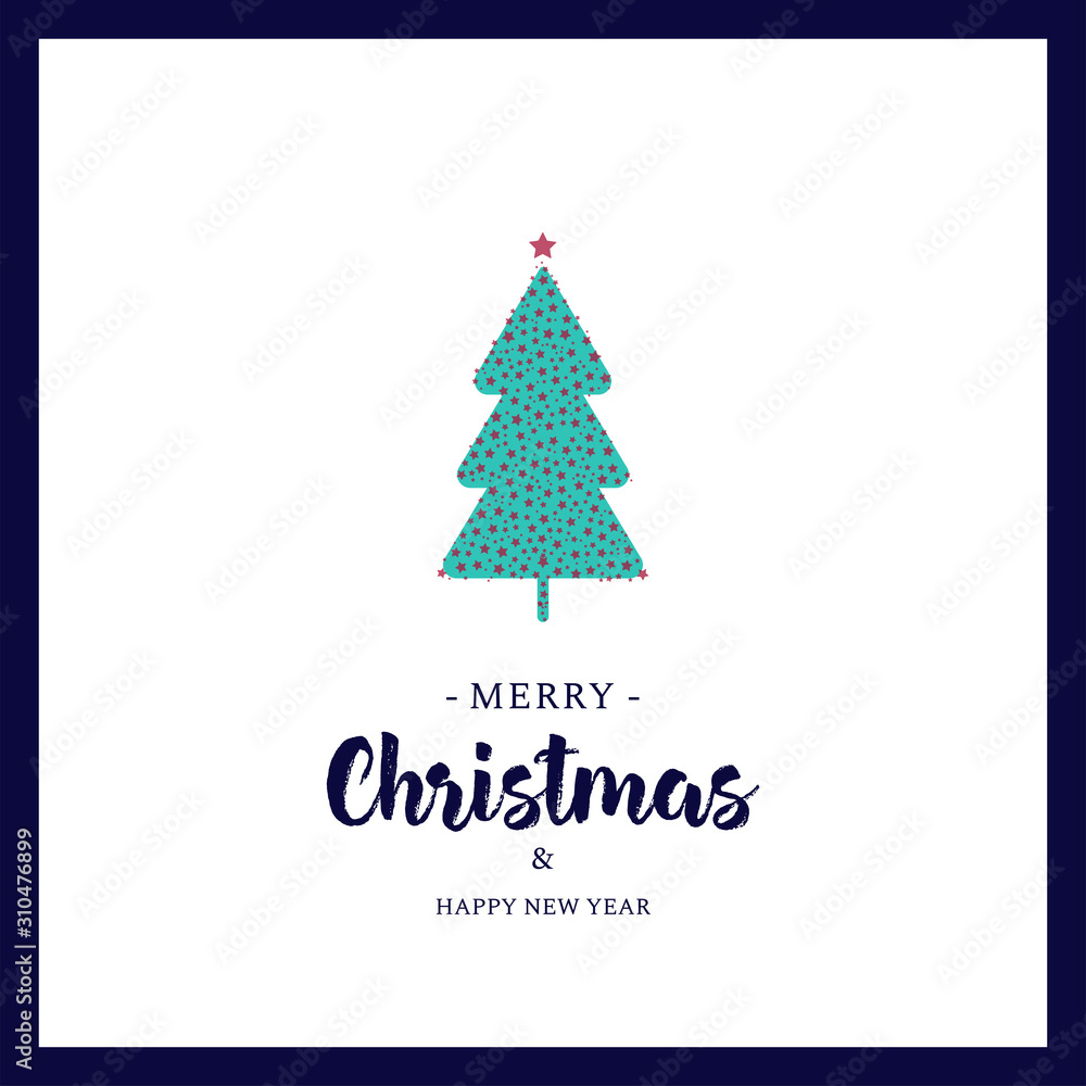 Christmas greeting card design. New year festive postcard. X mas background. Christmas illustration with tree, stars and typography.