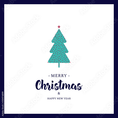 Christmas greeting card design. New year festive postcard. X mas background. Christmas illustration with tree, stars and typography.