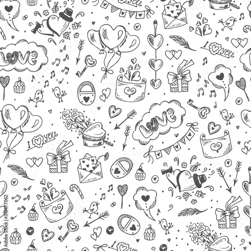 Love symbols Seamless pattern. Hand drawn doodles Vector illustration. Happy Valentine's day.