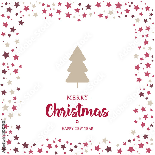 Merry Christmas and happy New year vector greeting card design with stars,tree and lettering.X mas postcard design