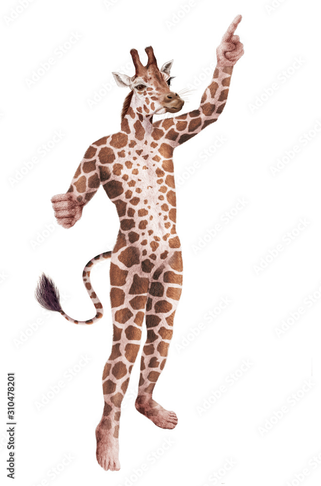 Obraz premium humain hybride animal, tête d'animal , mi-humain, mi-girafe, blanc, corps, isolé, personne, gens, caractère, anatomie, abstrait, affaires, figure, dessin animé, illustration, mannequin, homme, conc