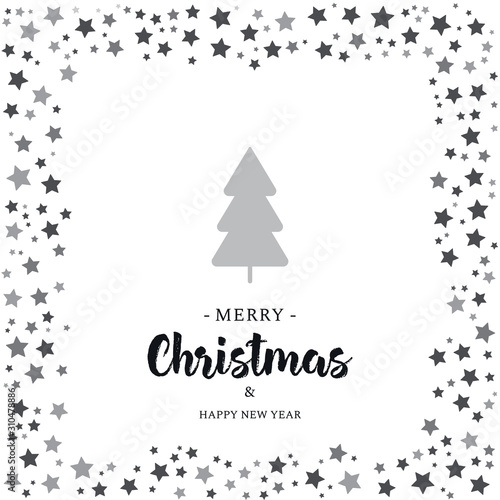 Merry Christmas and happy New year vector greeting card design with stars,tree and lettering.X mas postcard design
