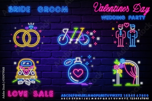 Valentines Day neon icons set, a collection of neon-style wedding banner templates. Set neon signs, posters for shop design, colorful banner, neon advertising. Wedding Neon Label Set