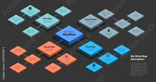 Simple infographic for isometric mind map visualization template - dark version. Easy to use for your design or presentation.