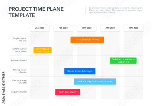 Modern business project time plan template with project tasks in time intervals. Easy to use for your website or presentation.