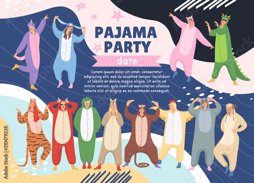 Pajamas party poster on memphis background.women and men are wearing of animals pajamas on Halloween or new Year pajamas party. Suits are from chinese calendar: tiger, monkey, chicken, dragon, pig, 