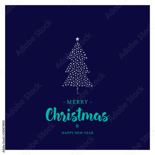 Christmas greeting card design.New year festive postcard.X mas background.Christmas illustration includes tree, stars and typography.
