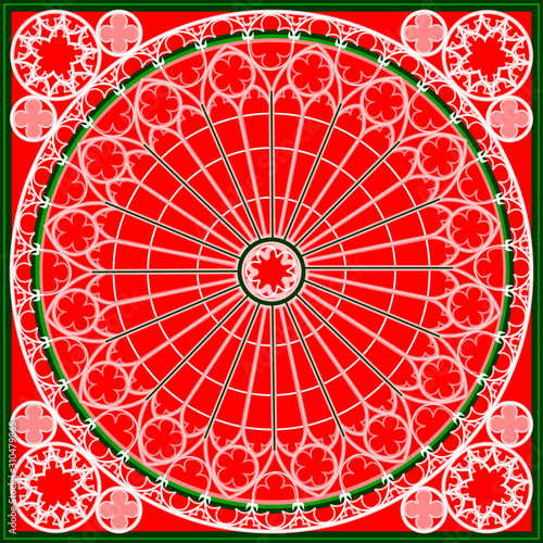 Red and green abstract lace background, square geometric pattern with ornate frame. Bandanna shawl fabric print, silk neck scarf or kerchief design, vector illustration.