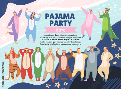 Pajamas party poster on memphis background.women and men are wearing of animals pajamas on Halloween or new Year pajamas party. Suits are from chinese calendar: tiger, monkey, chicken, dragon, pig, 