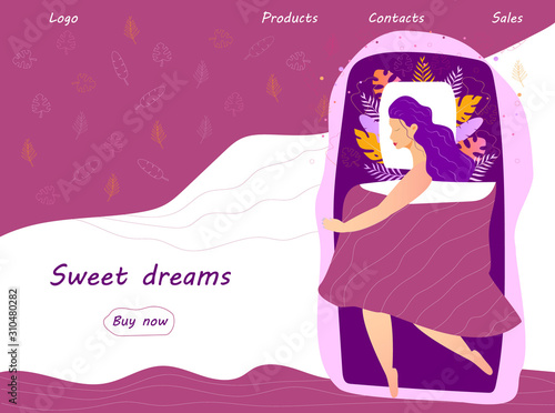 Sleeping pretty woman is in her bed under blanket at night. Sweet dreams concept with floral, leaves background vector illustration in trendy cartoon style. Relaxation, calm sleeping pose
