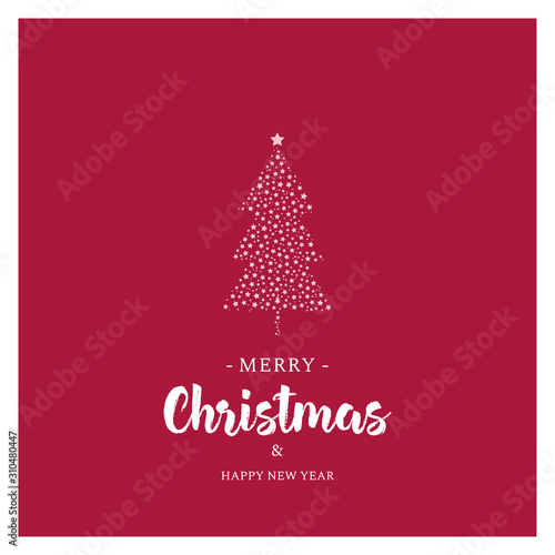 Christmas greeting card design. New year festive postcard. X mas red background. Christmas illustration with tree, stars and typography.