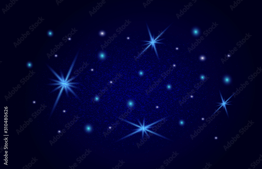 Stars on the night sky. Stardust wave is glittering. Sparkling blue lights. Bright shining beams. Enigmatic and mysterious colossal firmament vector. Xmas glare and glitter effects Stars on the night sky. Stardust wave is glittering. Sparkling blue lights. Bright shining beams. Enigmatic and mysterious colossal firmament vector. Xmas glare and glitter effects