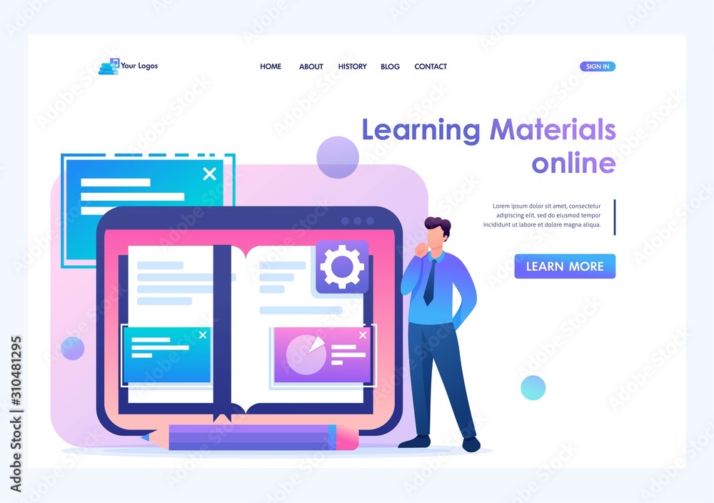 Young man studies the materials of the lessons in electronic form. Flat 2D character. Landing page concepts and web design