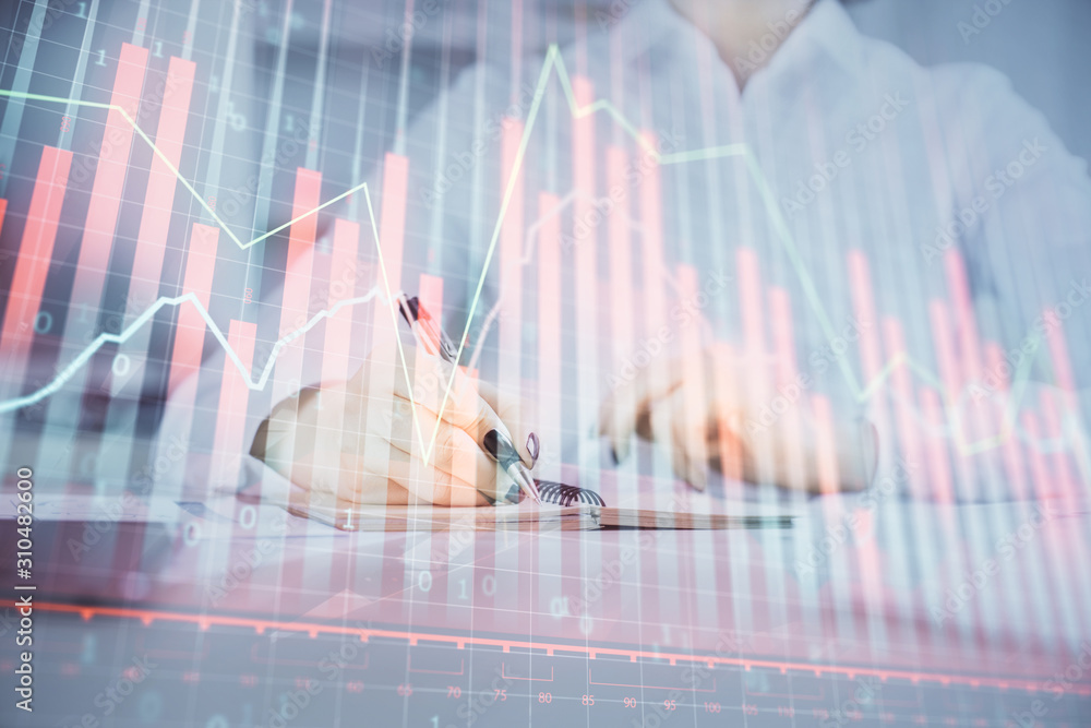 Financial chart drawn over hands taking notes background. Concept of research. Multi exposure