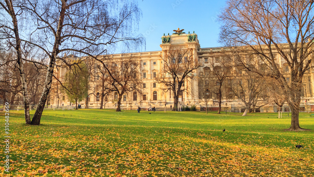 City landscape - view of the Burggarten park and Neue Burg (New castle) of Hofburg in the city of Vienna, Austria