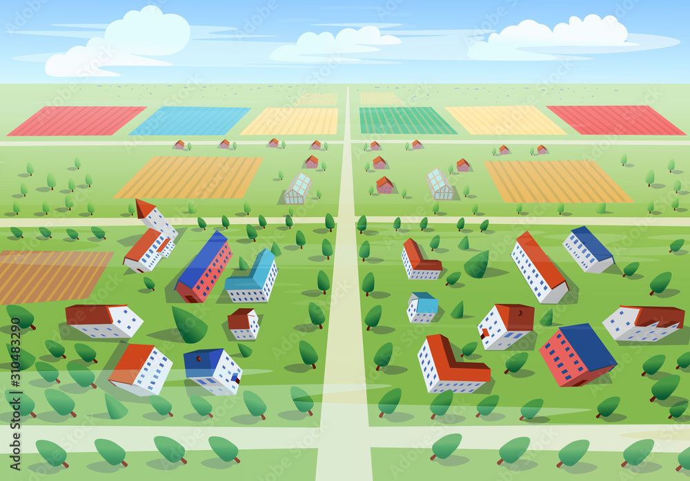 Summer village top view with a greenhouse, barn, houses, mills, fields