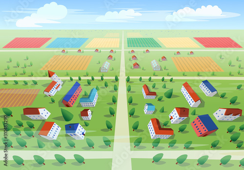 Summer village top view with a greenhouse,  barn, houses, mills, fields and trees in the afternoon. Vector Illustration in Cartoon Style.