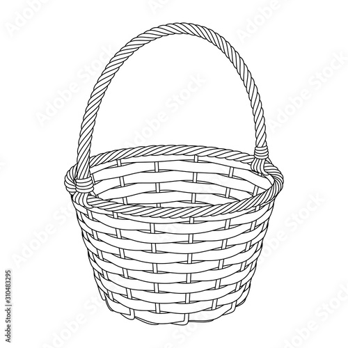 Wicker basket of twigs and bark, black and white vector outline image on a white background
