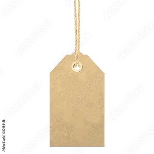 Carton label hanging on a linen thread vector illustration. A realistic and detailed tag tied with linen material string.