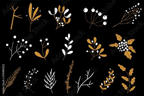 Collection of Vintage Merry Christmas And Happy New Year flowers. Design elements with briar, berries, fir branches, trees, mistletoe, cones. Christmas decoration for invitations, greeting cards.