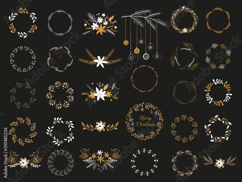 Christmas wreath with black and gold branches and pine cones.Set of round frames, doodle hand drawn decorative wreaths with branches, herbs, plants, leaves and flowers, floral for new year invitations