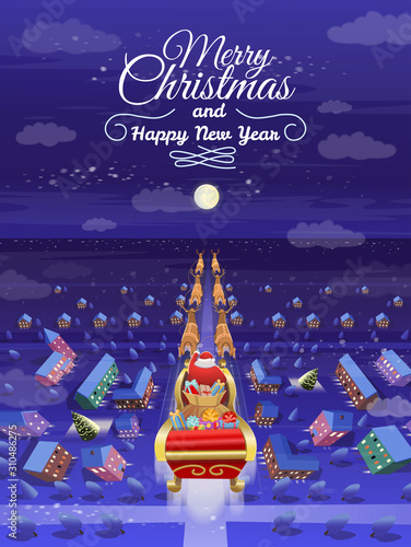  SANTA CLAUS is flying on a sleigh with deers and gifts through the night city with moon. Top view.Vector Illustration in Cartoon Style.