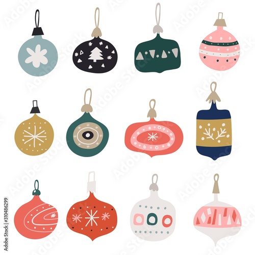 Christmas balls in different colors hanging. Happy new year. Scandinavian ornament bauble decoration, traditional geometric shapes. Christmas glass decoration.