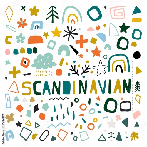 Set of geometric elements, doodles, circles, brush strokes, and figures in the Scandinavian style. Set of hand drawn various shapes and objects. Abstract contemporary modern trendy vector.