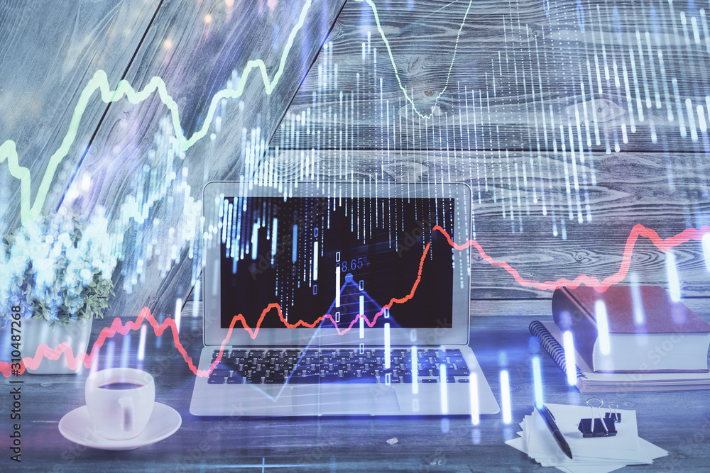 Multi exposure of forex graph and work space with computer. Concept of international online trading. Multi exposure of forex graph and work space with computer. Concept of international online trading.