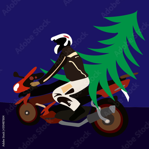 motorcyclist with Christmas tree on bike on blue background vector graphics