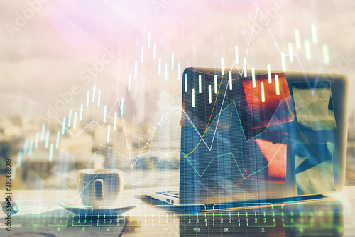 Multi exposure of forex chart and work space with computer. Concept of international online trading.