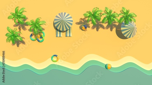 3d rendering, 3d illustrator, of The yellow sandy beach has palm trees and canopy beds.