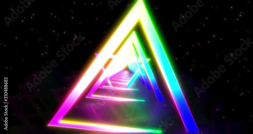 Glowing neon color triangle tunnel. Laser show background. ultraviolet blue purple color spectrum . 3D rendering