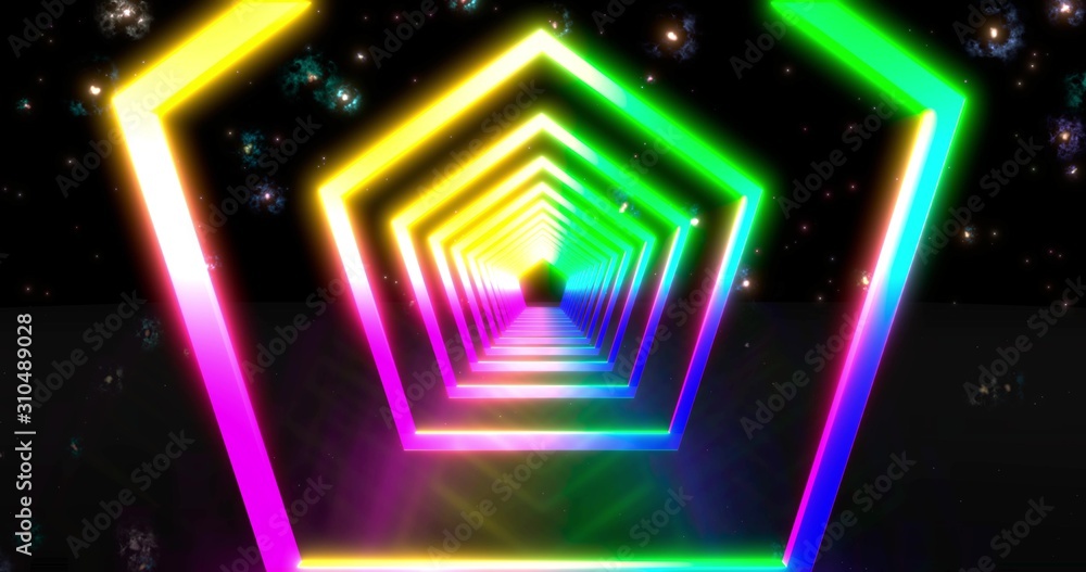 Abstract flying in futuristic disco star corridor. background, fluorescent ultraviolet light, blue pink green spectrum, 3D rendering Abstract flying in futuristic disco star corridor. background, fluorescent ultraviolet light, blue pink green spectrum, 3D rendering