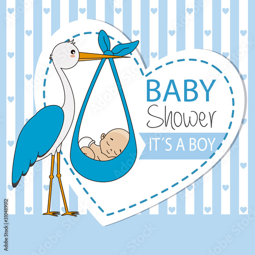 Baby shower card. Stork with baby boy	