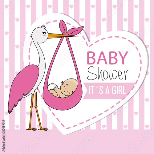 Baby shower card. Stork with baby girl	