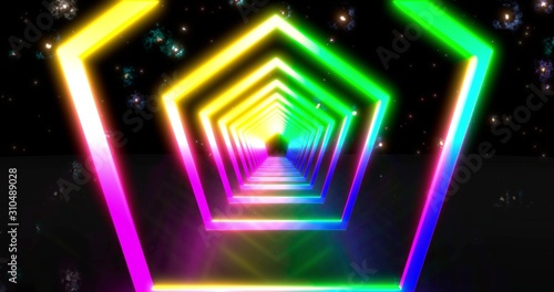 Abstract flying in futuristic disco star corridor. background, fluorescent ultraviolet light, blue pink green spectrum, 3D rendering © flying creature