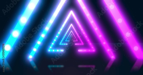 Abstract neon flying triangle tunnel with fluorescent ultraviolet light. Different Colors Rainbow.