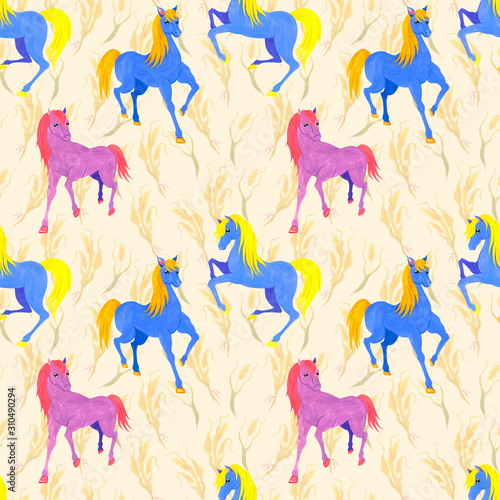 Blue and pink horses in an endless pattern on a wheat background.