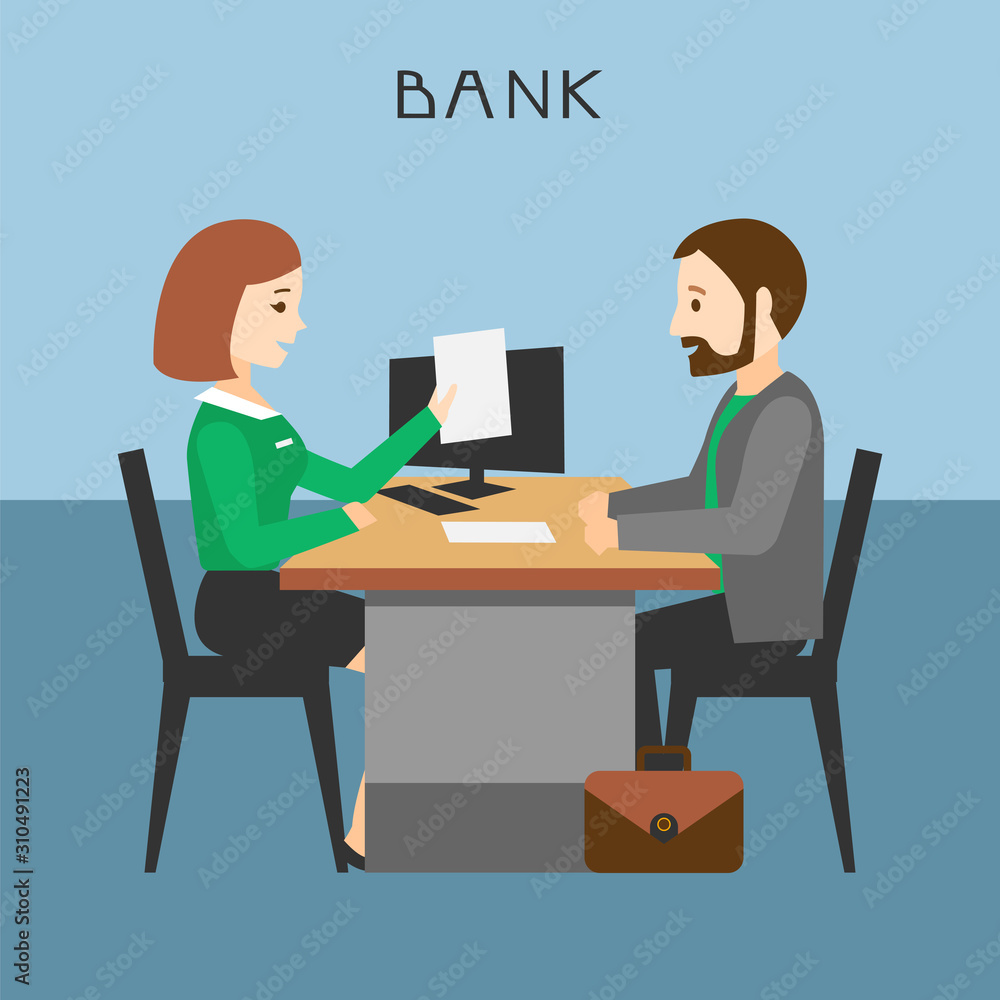The loan processing. The bank manager prepares the contract with the client. Financial advisor. Vector illustration. The loan processing. The bank manager prepares the contract with the client. Financial advisor. Vector illustration.