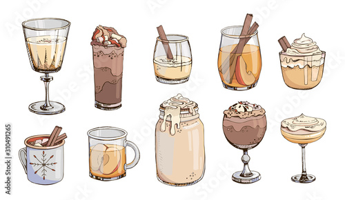 Set of popular hot winter drinks isolated on white. Colorful vector images of Christmas beverages and cocktails. Hot chocolate, eggnog, apple cider, coffee, cacao, wine, champagne. Advent