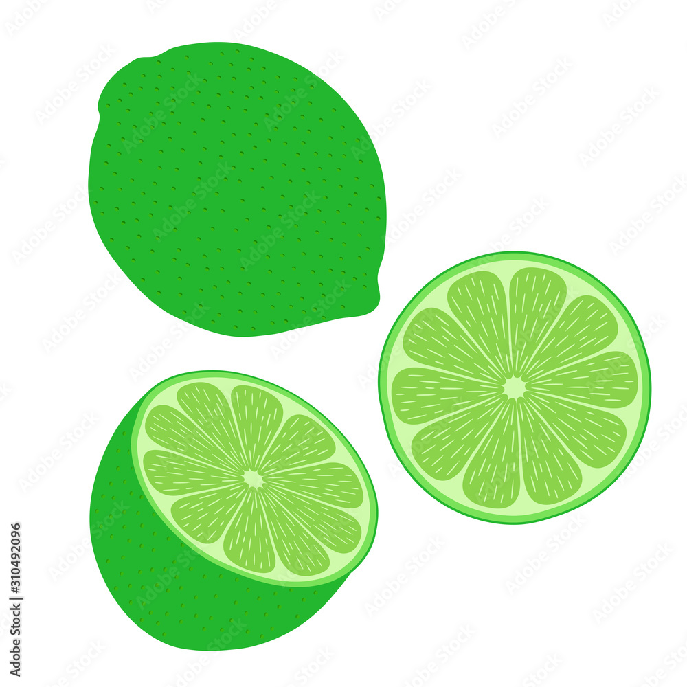 Lime. Whole fruit, half. A round slice of lime