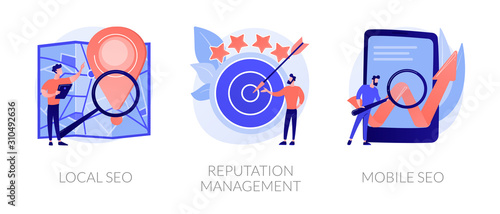 Search engine optimization services icons set. Market analytics, customer feedback analysis. Local SEO, reputation management, mobile SEO metaphors. Vector isolated concept metaphor illustrations