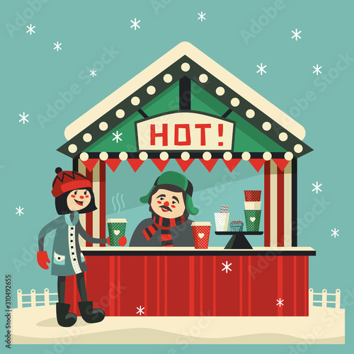 Hot drinks street kiosk flat color vector icon